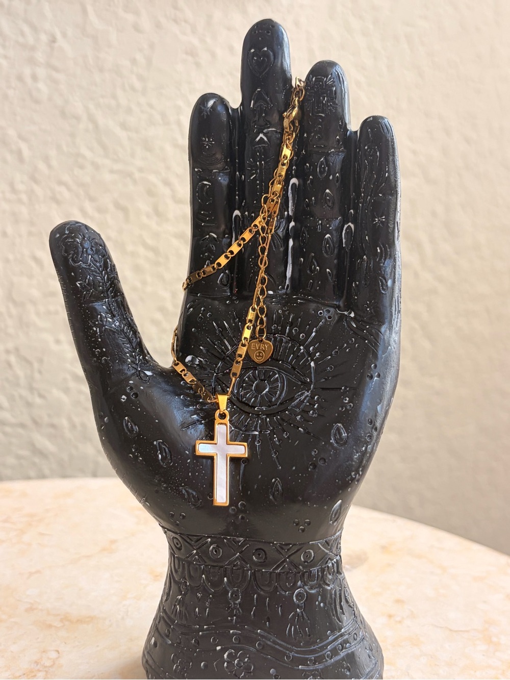 Gold-Tone Cross Necklace with White Inlay - EVRY